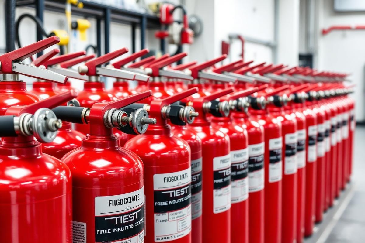 Deretan tabung pemadam api yang telah lulus hydrostatic test dan diberi label uji